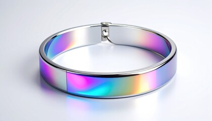 Sleek silver bracelet with iridescent inner band, set on a bright white surface