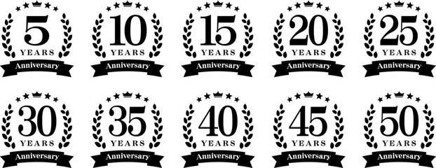 アニバーサリーのロゴ「1周年、2周年、3周年、4周年、5周年、6周年、7周年、8周年、9周年、10周年」
