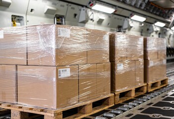 Pallets of shrink-wrapped brown cardboard boxes loaded onto a mechanical roller system inside a cargo aircraft or freight transport interior.