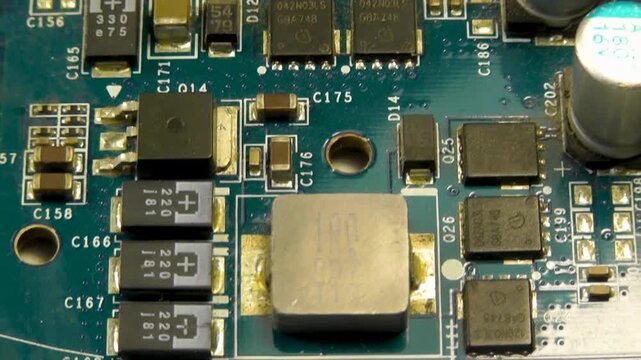 Blue electronic printed circuit board with SMD components