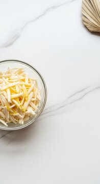 Minimalist Heart of Palm Salad on White Marble with Large Right-Aligned Copy Space