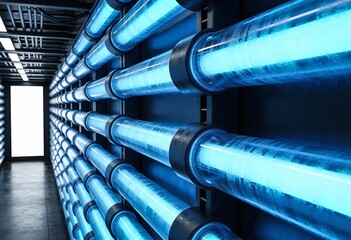 Industrial hallway featuring repeating rows of neon blue illuminated tubes with condensation.