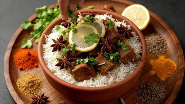 Delicious Biryani Dish with Spices and Herbs.