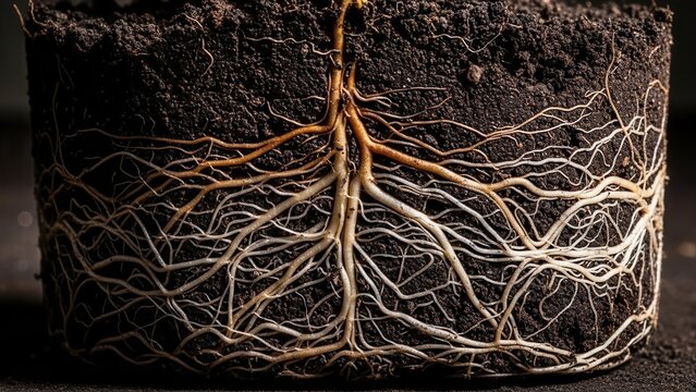 Intricate Network Of Plant Roots In Dark Soil