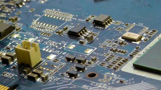 Blue electronic printed circuit board with SMD components
