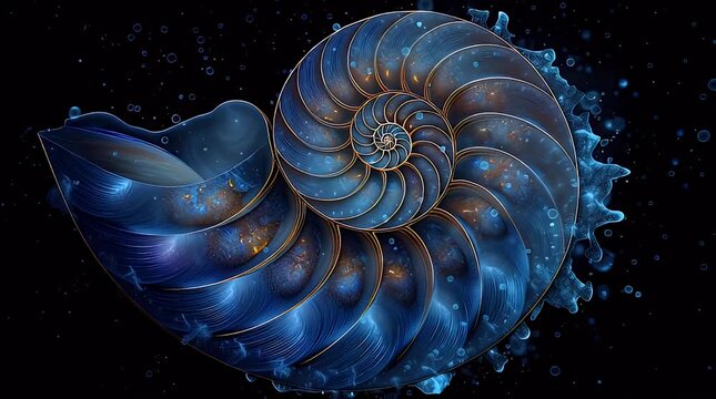 青と金で描かれた、渦を巻くオウムガイの殻の3Dレンダリング