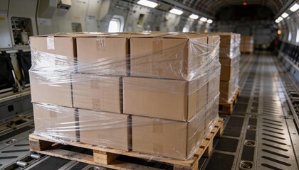 Palletized cardboard boxes wrapped in plastic inside the spacious cargo bay of a large transport aircraft.