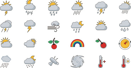 Obraz premium Hand drawn weather icon set featuring rainbow clouds sun lightning and storm symbols for creative mobile app interface design.