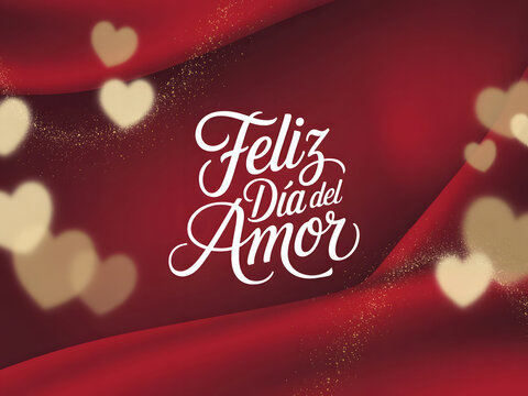 Happy Valentine's Day with gold hearts on red background for spanish  weeding and Feliz dia de san valentin or Feliz dia del Amor or te amo greetings card