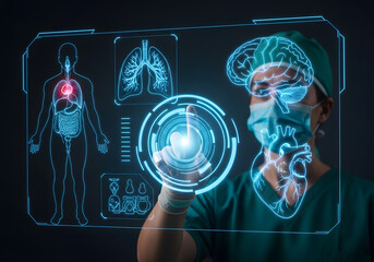 A doctor in a mask and scrubs uses a futuristic holographic display to analyze human organs, including the brain, heart, and lungs.