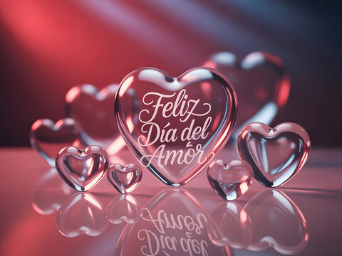 Beautiful glass hearts with Feliz D&iacute;a del Amor message for Valentine's Day for spanish  weeding and Feliz dia de san valentin or Feliz dia del Amor or te amo greetings card