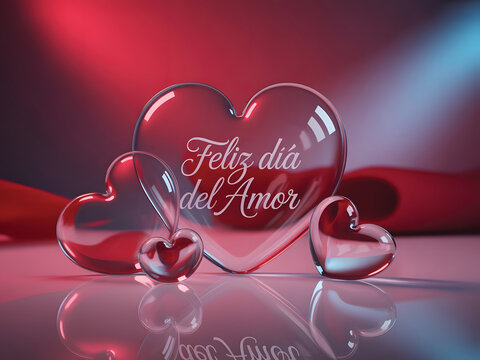 Beautiful glass hearts with Feliz dia del Amor message for Valentine's Day for spanish  weeding and Feliz dia de san valentin or Feliz dia del Amor or te amo greetings card