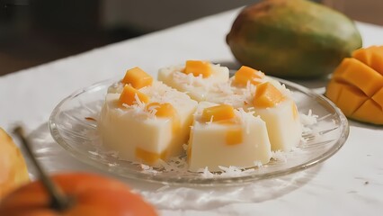 Mango and coconut pudding cubes served on a glass plate with fresh mango in the background