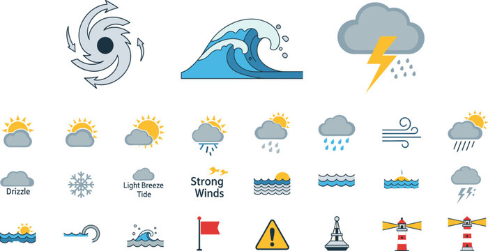 Maritime weather vector icons featuring lighthouses storm surges giant waves hurricane swirls and coastal warning flags for navigation.