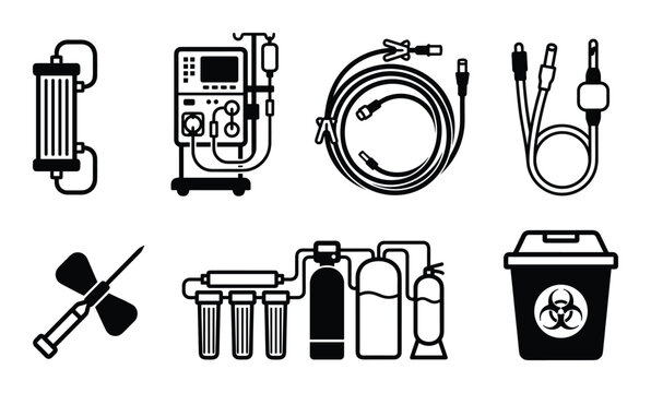 Dialysis equipment vector illustration, dialysis machine, blood lines, AV fistula needle, RO machine, biohazard bin icon.