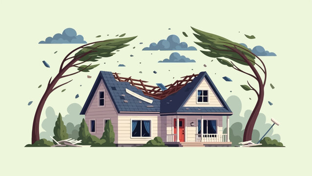 House damaged by strong winds with broken roof and bent trees