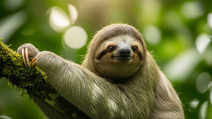 Fototapeta premium Adorable sloth hanging from mossy branch in lush green forest