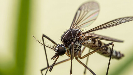 Close-up of a mosquito with detailed view of its body and wings