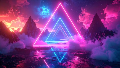 Vibrant Neon Triangles in a Mystical Landscape with Mountains and Clouds.