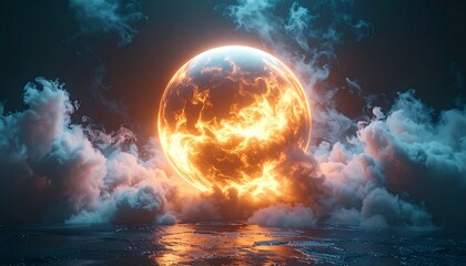 Glowing orange planet surrounded by clouds over water at sunset.