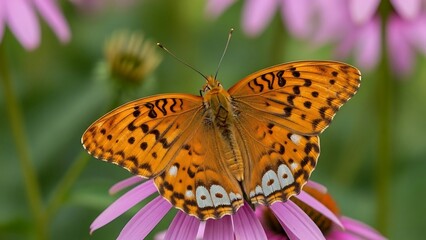 Fototapeta premium Butterfly on purple flower in garden.