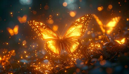 Glowing orange butterflies in a mystical forest setting.