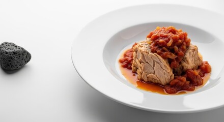 Minimalist Caribbean Saltfish in Tomato Sauce on White Plate with Massive Left-Aligned Copy Space