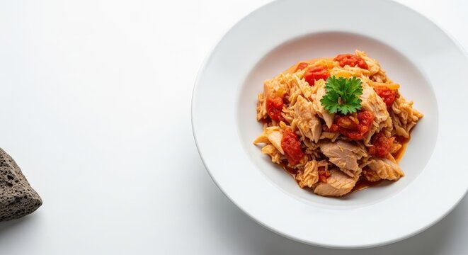 Minimalist Caribbean Saltfish in Tomato Sauce on White Plate with Massive Left-Aligned Copy Space