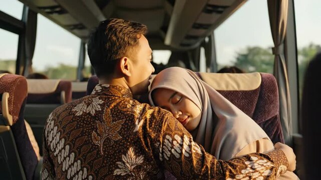 Cinematic 4K Footage of an Affectionate Muslim Couple Cuddling and Resting on a Bus During Eid al-Fitr Homecoming Travel (Mudik)