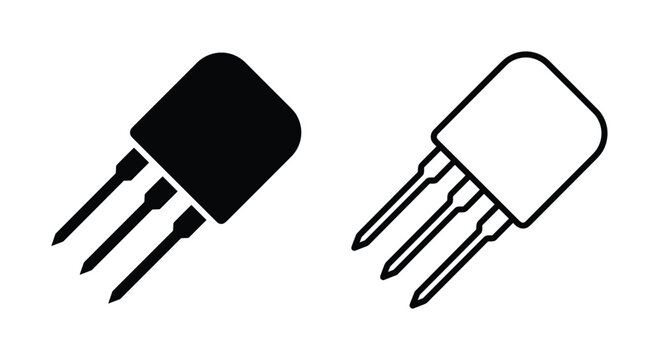 Electronic component icon, transistor symbol in black and white isolated on a simple background, electronic engineering, design