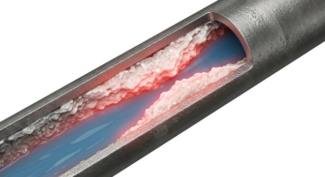Macro view of a corroded metal pipe with significant limescale accumulation and restricted liquid passage inside.