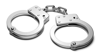 Symbol of restraint: a pair of polished metal handcuffs on a white background