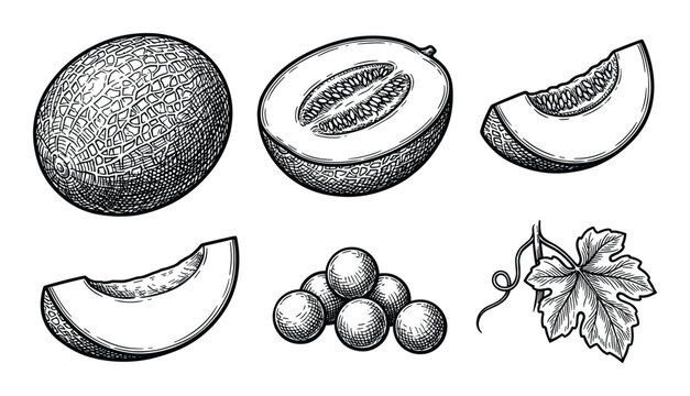 Engraved cantaloupe melon, sliced melon, fruit wedges, grapes and leaf vector illustration.