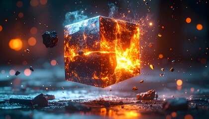 Glowing orange cube exploding with fiery sparks on icy surface.