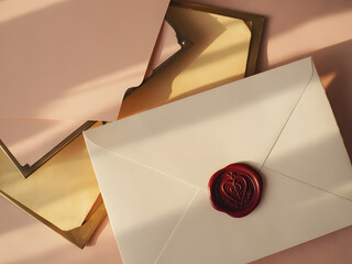 Elegant white envelope with red wax seal on pink background ,happy valentine's day for Feliz día de San Valentín or Feliz Dia dos Namorados or te amo or Feliz dia del amor