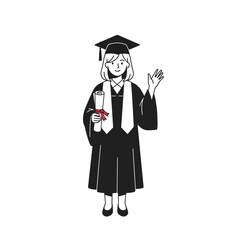 Happy Graduate Woman Waving Hand Holding Diploma Scroll Wearing Cap and Gown