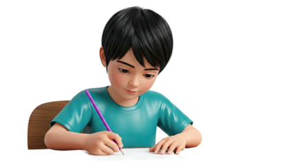 Boy drawing with a purple pencil on white paper