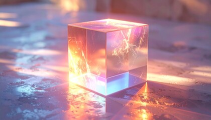 Glowing transparent cube on reflective surface with vibrant colors.