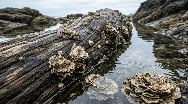 Oysters on driftwood in calm water create serene coastal scene