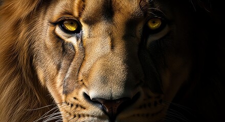 Close-up of a lion's face with golden eyes and intense gaze, chiaroscuro style.