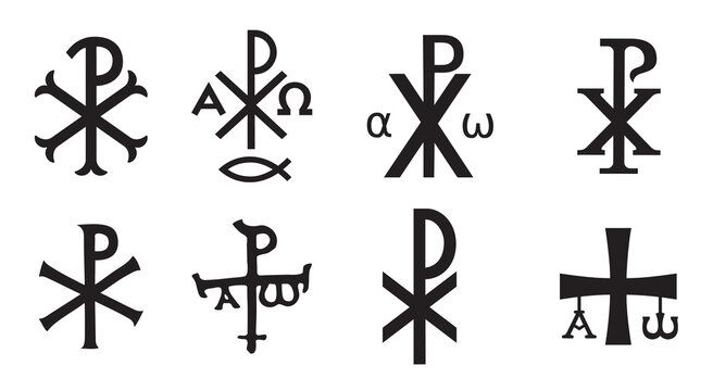 Christian symbols icons set. Glossy Chi Rho, Christogram, Chrismon, Labarum symbols set.