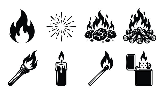 Fire icons collection vector illustration: Flame, spark, bonfire, torch, candle, match, and lighter designs