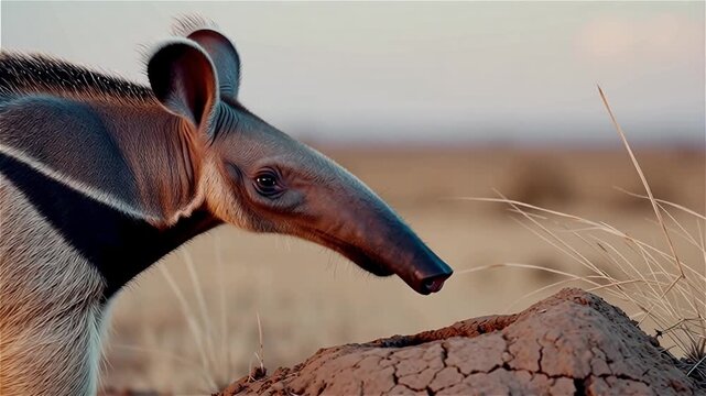 AI-Generated Illustration of an Aardwolf Feeding on Harvester Termites in an African Savanna at Dusk