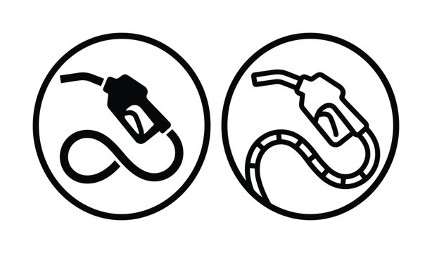 Gas pump icons, fuel nozzle vector illustrations in circle design, isolated on white backdrop.