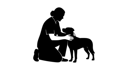 Woman kneeling down petting a dog in black silhouette on white background