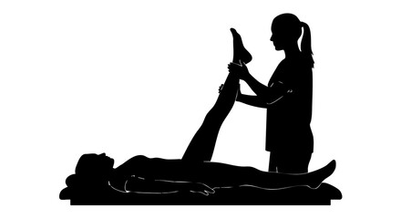Silhouette of woman performing leg stretch on a person lying down in a fitness or therapy setting with a white background