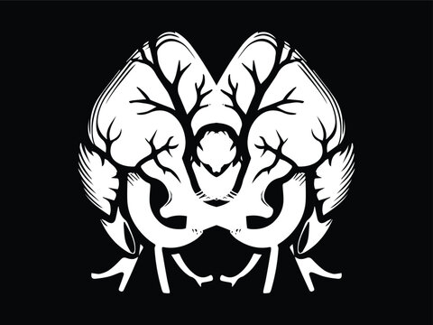 lung vector with black and white icon colors, black background, square canvas shape, flower symbol in the middle