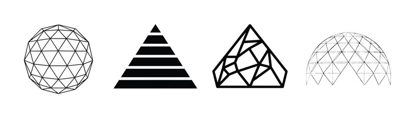 Geometric shapes collection, sphere, pyramid, triangular structure design and geodesic dome illustration