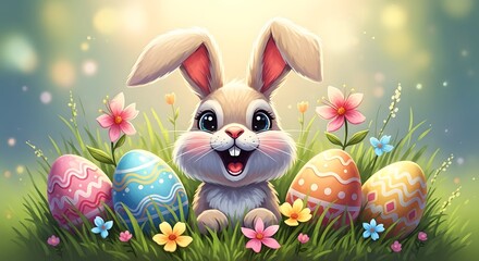 Easter bunny surrounded by colorful eggs and flowers