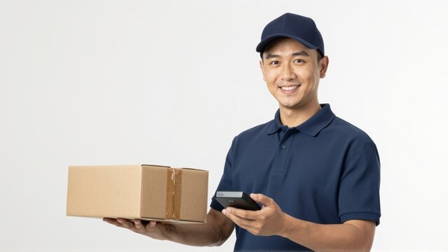 Smiling delivery man wearing a cap holds a package and a scanner in his hand